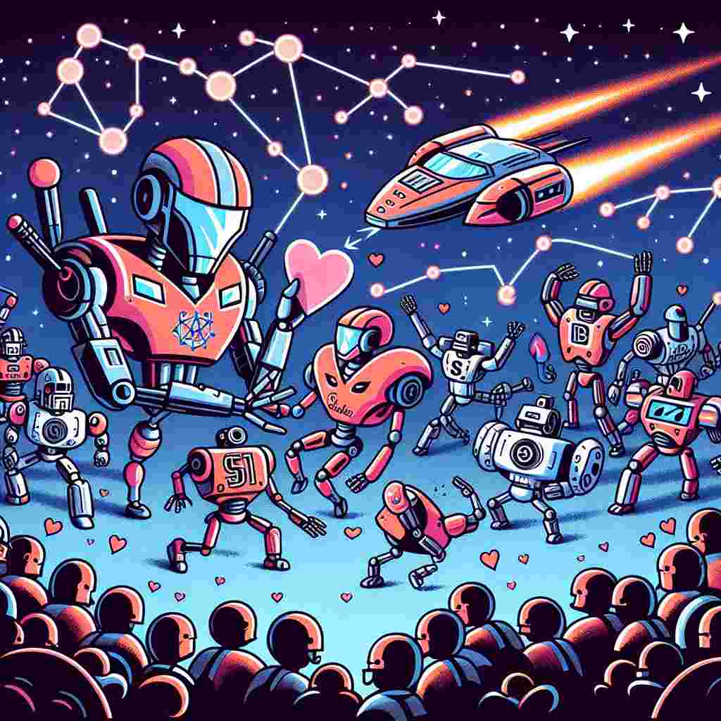 In this cartoon filled with affection, transforming robotic beings from different factions set aside differences, exchanging Valentine cards in the center of an outer space setting. A futuristic starship weaves through a constellation forming the emblem of a popular car brand, as a nod to the concept vehicle S60. Below, a smitten crowd of tiny football players conducts a halftime show, celebrating affection with physics symbols adorning their jerseys. The sports equipment morphs into atomic particles - protons and electrons, caught in a dance of molecular attraction.
Generated with these themes: Transformers toys, Star trek, Volvo S60, Football, and Physics.
Made with ❤️ by AI.