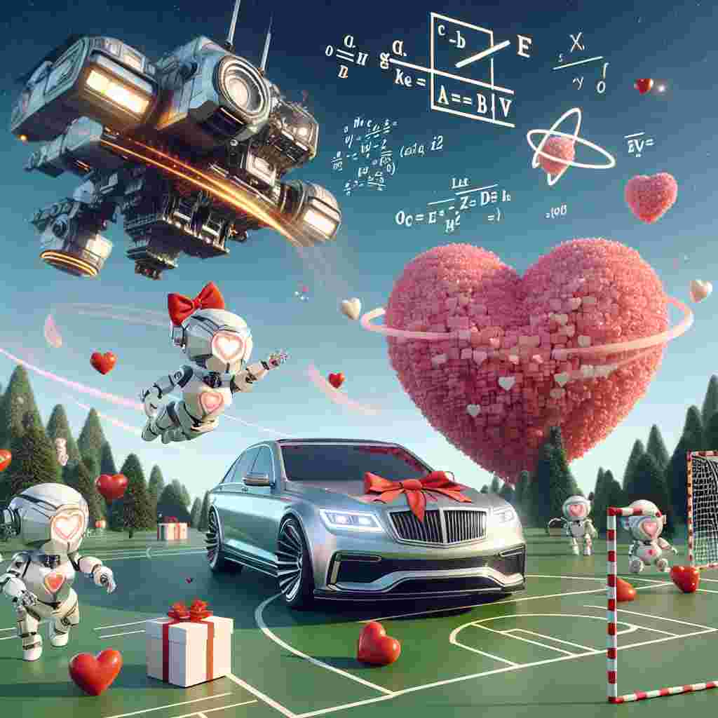 An enticing Valentine's Day themed animation shows dynamic action figures, reminiscent of robotic alien toys, exchanging cubes shaped like hearts against a scenery of a massive futuristic spaceship, orbiting an endearing planet shaped like a heart. A sedan, similar in style to a Swedish luxury car model, is adorned with a cute bow and hearts on its grill and it's parked comfortably on a terrain mimicking a sports field, with goalposts ingeniously fashioned from cherub's arrows. Above the scene, equations symbolizing love and inspired by principles of science whimsically float about, fostering an atmosphere that's both heartfelt and delightfully nerdy.
Generated with these themes: Transformers toys, Star trek, Volvo S60, Football, and Physics.
Made with ❤️ by AI.