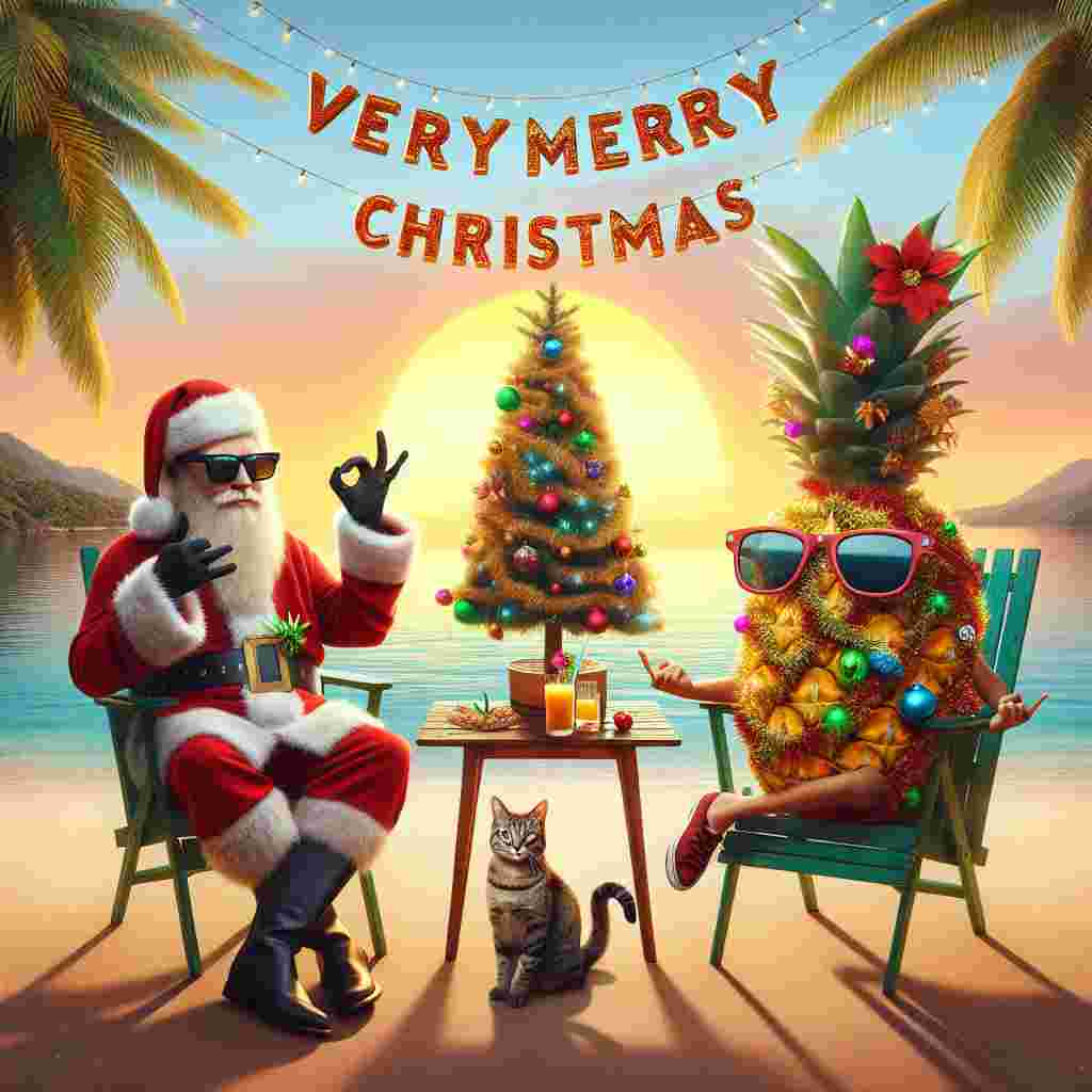 An amusing Christmas-themed illustration showcasing a laid-back Santa and a groovy cat both with sunglasses on, doing the hula dance next to a sea. In lieu of a Christmas tree, a pineapple draped in tinsel and ornaments stands at the center, with the serene sea in the background. The phrase 'Very Merry Christmas' elegantly curves above the scene like a wave, adding a touch of holiday spirit.
Generated with these themes: Santa, Cat, Pineapple, Sea, and Dance.
Made with ❤️ by AI.