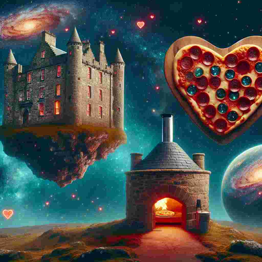 Create a unique Valentine's Day scene set in space. In this scene, an ancient Scottish castle, floating amidst the vast cosmos, has its stones encrusted with galaxies and twinkling stars. Orbiting around this celestial edifice is a heart-shaped cheese platter, with each piece symbolizing the love that transcends galaxies. Within the castle's heart, ablaze is a wood-fired oven baking a pizza. The pizza is an unusual type, cosmic in nature with its toppings of pepperoni arranged to represent constellation patterns, adding an interstellar twist to a familiar comfort food.
Generated with these themes: Space, Cheese, Scotland , and Pizza.
Made with ❤️ by AI.