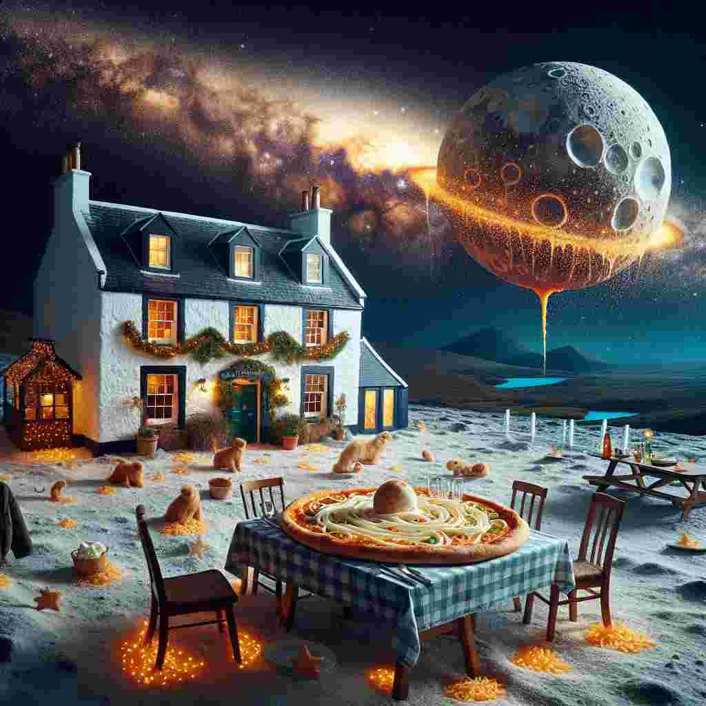 On this festive occasion of Valentine's Day, the theme of love transcends to an unusual combination of ordinary and extraordinary. A charming inn, characteristic of the Scottish countryside, is imaginatively placed on the surface of Earth's moon. It provides a surreal panorama of the milky way galaxy. The dining table is loaded with a cosmic bounty of cheese sprinkled with star-like specs, metaphorically reflecting the rough terrains of Scotland. The main attraction is a pizza artfully crafted in the likeness of the planet Saturn, with melted mozzarella rings adding to its charm. The surreal dining setting is nestled under a physical representation of the sparkling cosmos.
Generated with these themes: Space, Cheese, Scotland , and Pizza.
Made with ❤️ by AI.