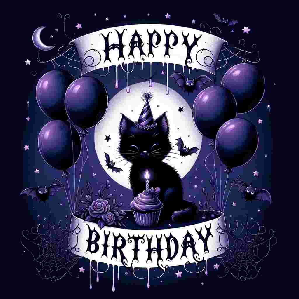 A charming gothic birthday illustration features a midnight blue background with a crescent moon. Tiny bats and stars scatter the sky, with a central, adorable black cat wearing a party hat, surrounded by dark violet balloons. The cat holds a little cupcake with a single flickering candle. The words 'Happy Birthday' arch above in an elegant, dripping gothic font, encased in subtle cobwebs.
Generated with these themes: goth  .
Made with ❤️ by AI.
