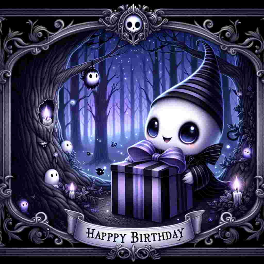 This delightful gothic birthday scene showcases a small, cute ghost holding a black and purple striped present, set against a backdrop of a mystical forest at dusk. Twinkling lights and spooky, yet cute, creatures peek from behind trees. An ornate, gothic frame borders the scene, with 'Happy Birthday' inscribed in a whimsical, silver script at the bottom.
Generated with these themes: goth  .
Made with ❤️ by AI.