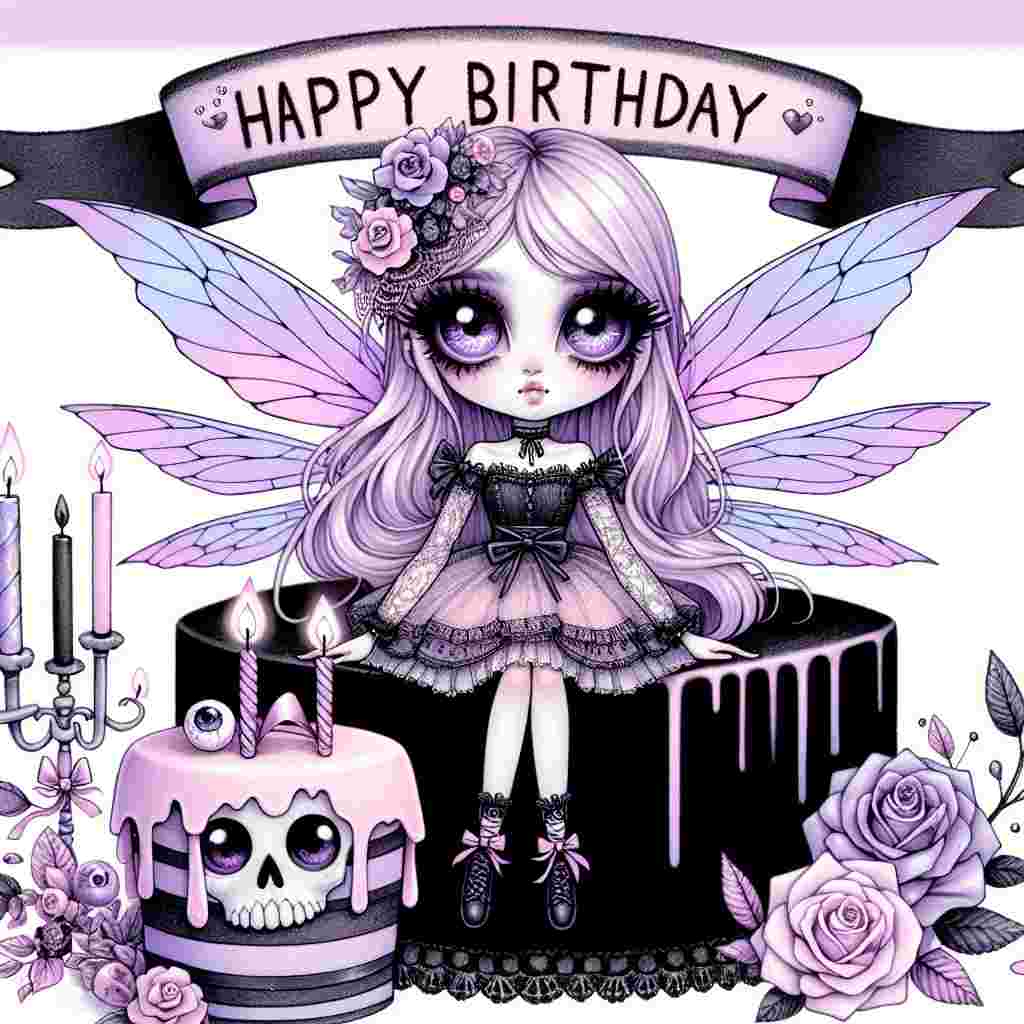 The illustration features a pastel goth fairy with large, expressive eyes, sitting atop a macabre, yet adorable, frosted cake in shades of black and lilac. Her wings are a translucent lavender, and her attire is a mix of lace and leather. Around the cake are tiny candles and a scattering of roses with eyeballs in their centers. Above, 'Happy Birthday' is written in a playful, bone-like font, draped with soft pink ribbon.
Generated with these themes: goth  .
Made with ❤️ by AI.