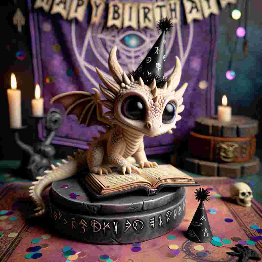 In this cute and gothic birthday illustration, a miniature dragon with big eyes and tiny horns curls around a spellbook on an ancient stone altar, with a few colorful birthday hats and confetti around. Enchanting runes and symbols glow faintly on the edges of the altar. In the background, a dark purple tapestry hangs, adorned with 'Happy Birthday' in a vintage gothic typeface, accented with little skulls and crossbones.
Generated with these themes: goth  .
Made with ❤️ by AI.