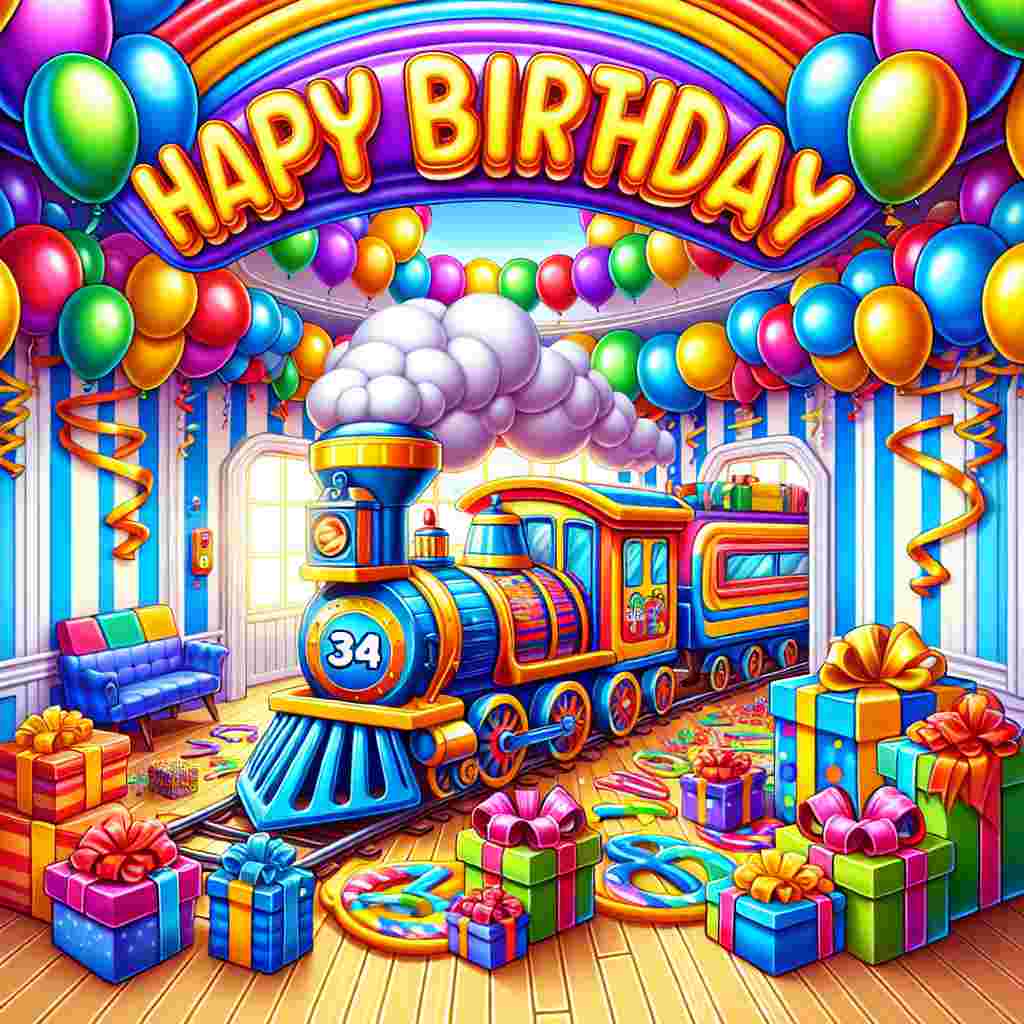 A delightful cartoon of a birthday train, carting a number '34' and various gifts, steams around a festively decorated room. Brightly colored balloons and streamers fill the upper corners, with 'Happy Birthday' cheerfully emblazoned across the top in a fun, balloon-like font.
Generated with these themes: 34th  .
Made with ❤️ by AI.