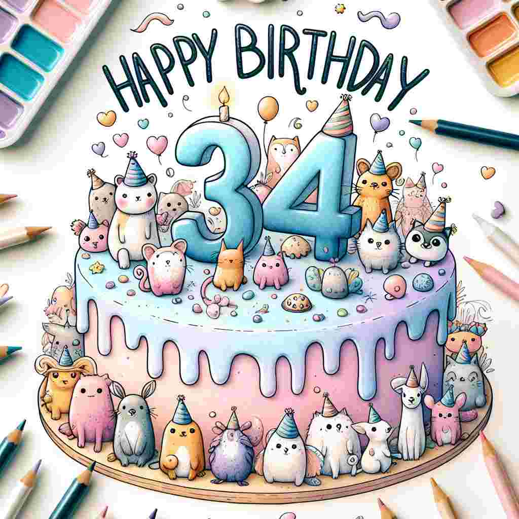 A charming illustration featuring a whimsical, pastel-colored birthday cake with '34' as a prominent cake topper and surrounded by adorable animals wearing party hats. The words 'Happy Birthday' are beautifully scripted above the scene in playful, bold font.
Generated with these themes: 34th  .
Made with ❤️ by AI.