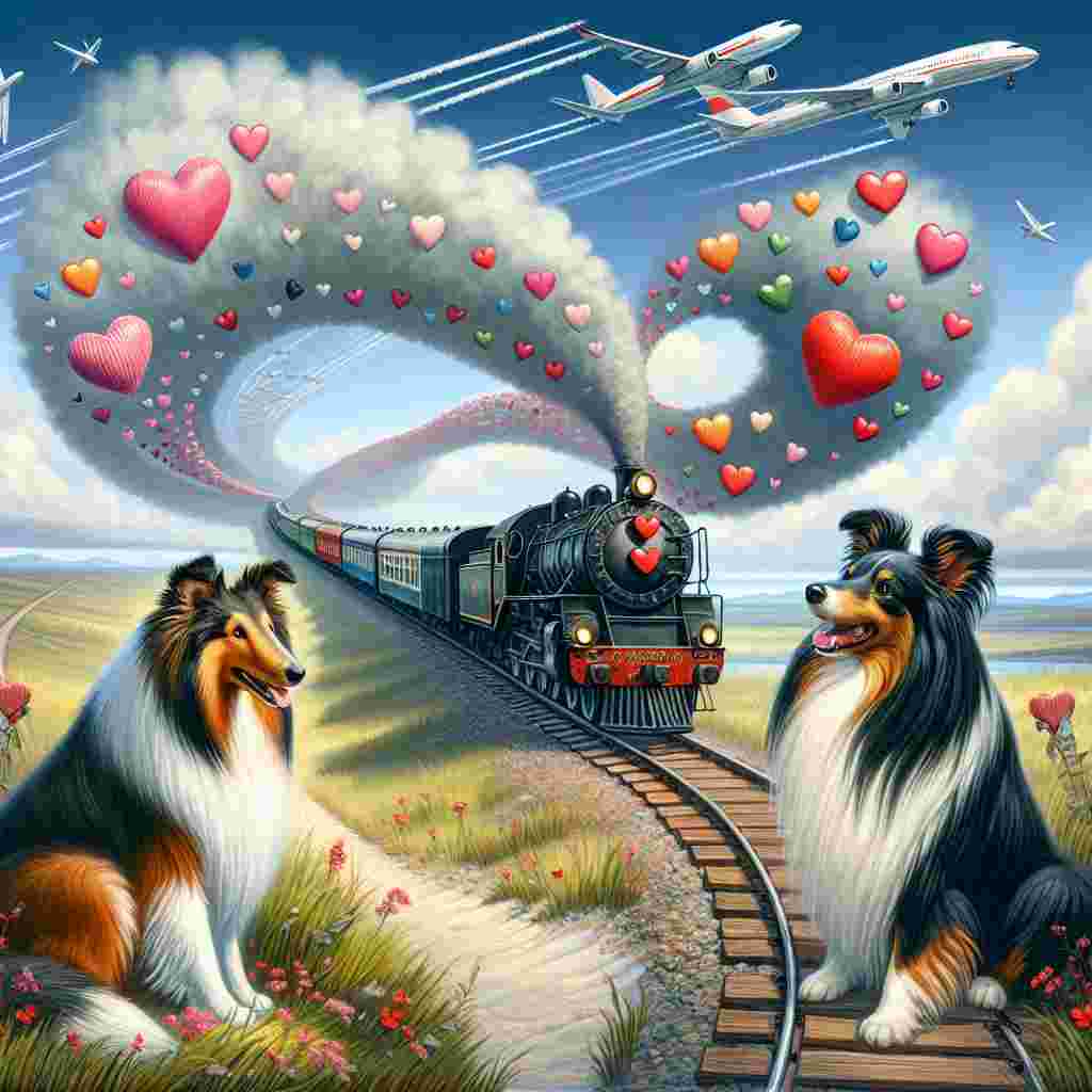 Create a delightful Valentine's Day-themed illustration. Imagine a vintage steam train and a slick modern one, both adorned with colorful festive hearts, moving towards each other along rails that curve into the shape of a heart. Above them, airplanes are flying, tracing intertwined hearts with their smoke trails in the sky. In the foreground, seated on a grassy hill, observe a Collie and a Spaniel dog. The Collie's fur is wind-tossed while the Spaniel's ears are perked with interest. Note that both dogs are wearing red heart-shaped tags on their collars, echoing the theme of this special occasion.
Generated with these themes: Trains, Planes, Collie dog, and Spaniel.
Made with ❤️ by AI.