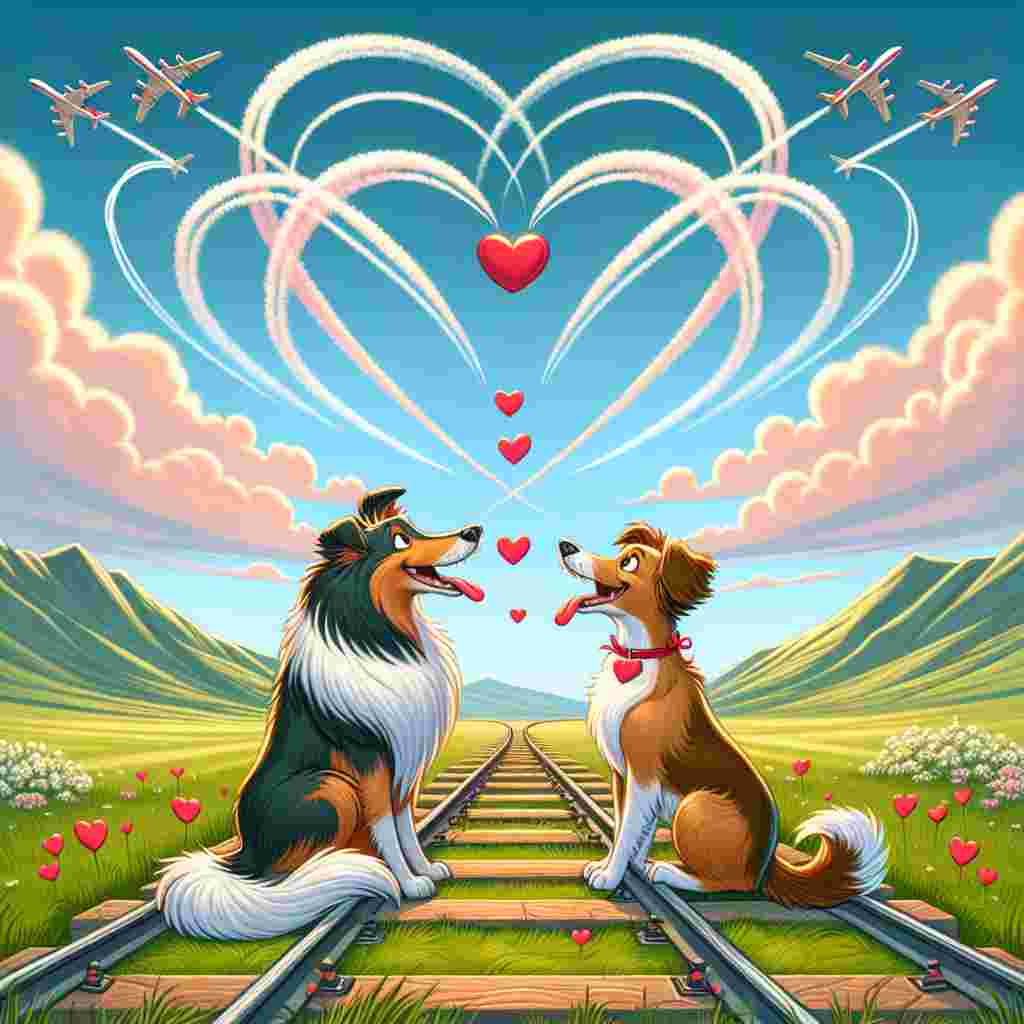 Create a lovable illustration for Valentine's Day. The scene should be set in a meadow with parallel rail tracks, where two trains decorated with hearts are meeting. The sky above should display planes leaving behind looping trails forming the shape of hearts. In the foreground, a joyful Collie and a Spaniel can be seen. They are sitting next to each other with their tails wagging. Both have a small, red Valentine's heart hanging around their necks and are gazing up at the heart trails in the sky.
Generated with these themes: Trains, Planes, Collie dog, and Spaniel.
Made with ❤️ by AI.