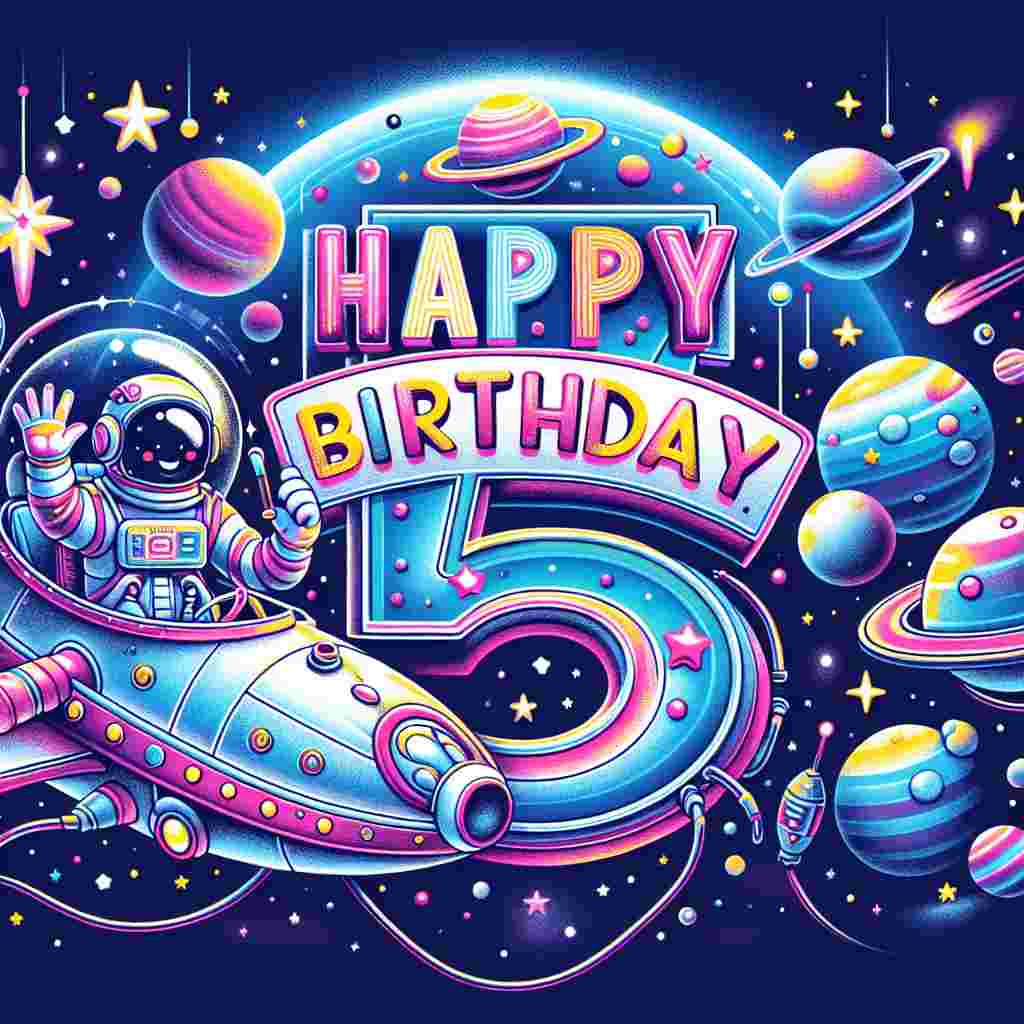 A digital illustration of a space-themed birthday with planets and stars decorating the background. A spaceship with the number '5' on its side is central to the design, with a friendly alien waving from the cockpit. An astronaut is floating nearby, holding a banner that says 'Happy Birthday' in bold, futuristic lettering.
Generated with these themes: 5th  .
Made with ❤️ by AI.