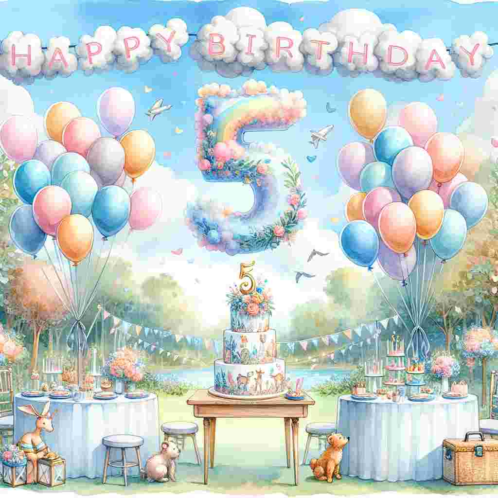 A watercolor illustration of an outdoor birthday party with a giant colorful '5th' shaped balloon amid other pastel balloons floating above. A woodland creature-themed cake sits on a decorated table. The scene has 'Happy Birthday' elegantly scripted in the sky with a cloud-like font.
Generated with these themes: 5th  .
Made with ❤️ by AI.