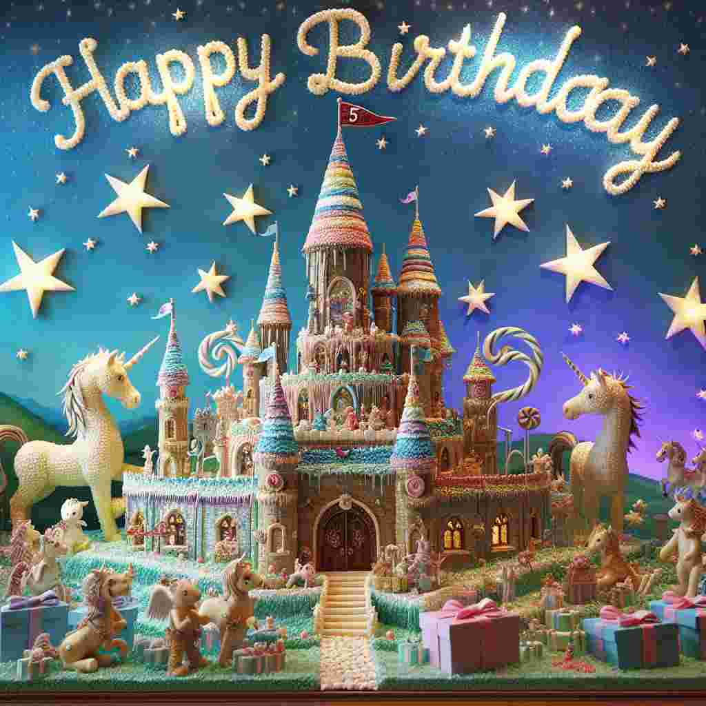 A cheerful scene with a fantasy touch, featuring a fairytale castle made out of sweets with a flag that reads '5th'. Surrounding the castle are mythical creatures such as unicorns and dragons holding gift boxes. In the sky, stars spell out 'Happy Birthday' in a sparkly font.
Generated with these themes: 5th  .
Made with ❤️ by AI.