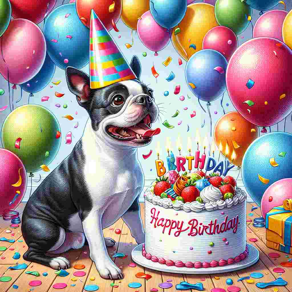 A playful illustration features a Boston Terrier in a party hat, surrounded by balloons and a cake with 'Happy Birthday' written in icing. Confetti falls around as the terrier's tail wags in excitement.
Generated with these themes: Boston Terrier  .
Made with ❤️ by AI.