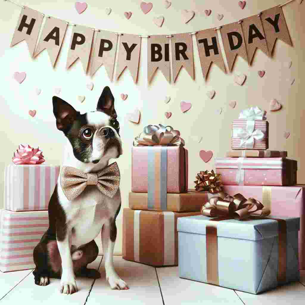 The scene depicts a Boston Terrier with a bowtie, sitting in front of a pile of gifts. Above, a banner reads 'Happy Birthday', draped across a soft pastel background with small hearts floating around.
Generated with these themes: Boston Terrier  .
Made with ❤️ by AI.
