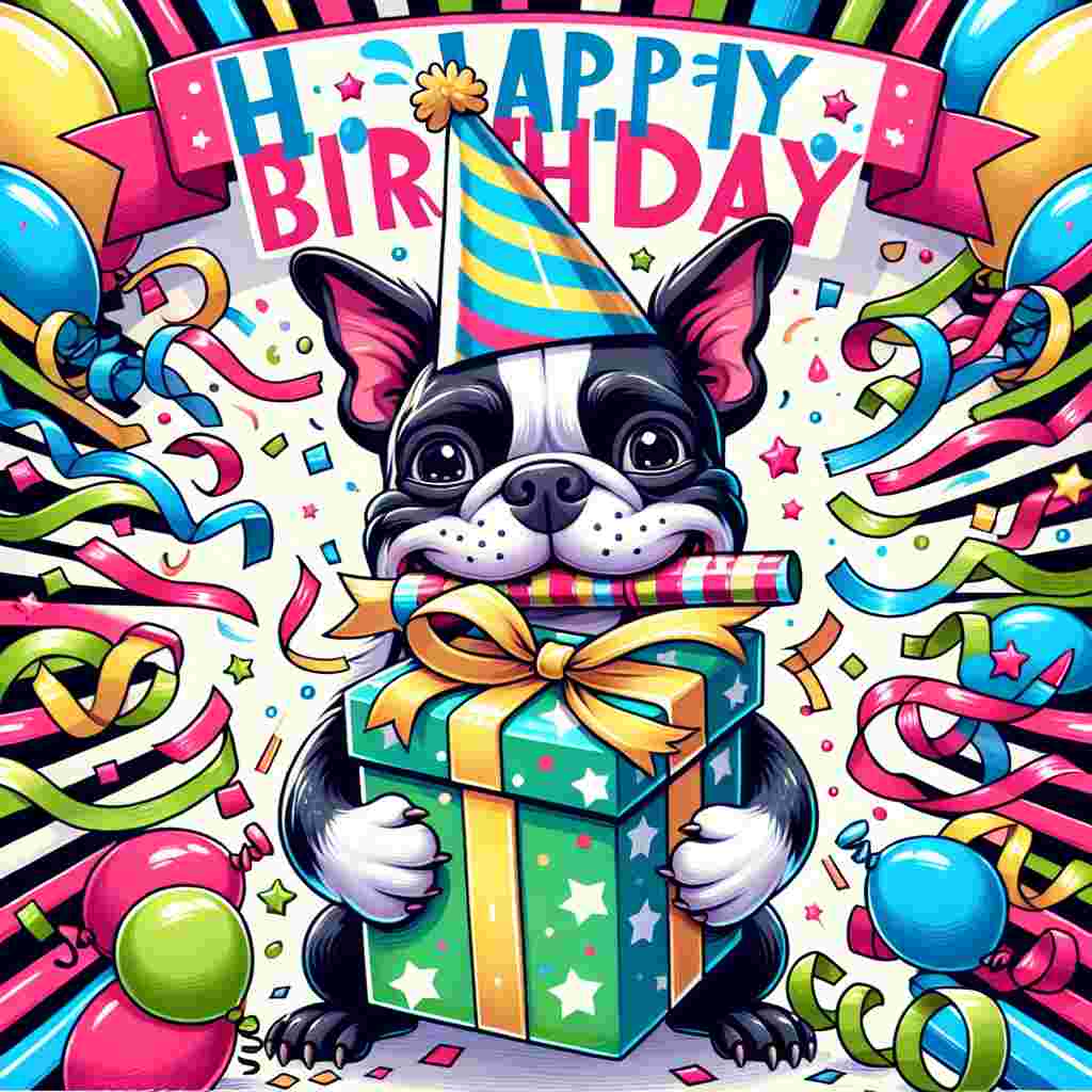 An animated Boston Terrier holds a birthday present in its mouth, amidst a background of colorful streamers and party hats. The phrase 'Happy Birthday' is boldly presented at the top of the illustration.
Generated with these themes: Boston Terrier  .
Made with ❤️ by AI.
