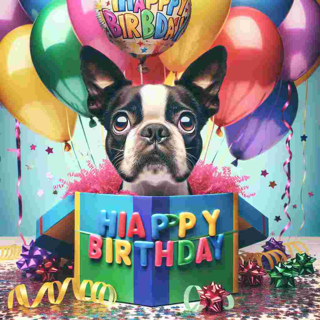 The illustration portrays a Boston Terrier peeking out of a large gift box, with 'Happy Birthday' balloons tied around the box. Streamers and confetti sprinkle the foreground, adding to the festive atmosphere.
Generated with these themes: Boston Terrier  .
Made with ❤️ by AI.