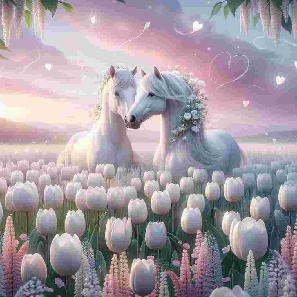 Create a delightful Valentine's Day scene set in a tranquil meadow where two graceful horses, as white as the flowers around them, are encircled by a sea of swaying white tulips. The gentle sway of the tulips in a soft breeze suggests a romantic and peaceful ambiance. The horses display affection towards each other, their manes beautifully adorned with petals. The sky above them paints an enchanting canvas with blush and lavender hues, serving as an enthralling background to this loving scene. Floating hearts in the air signify the festive celebration.
Generated with these themes: White tulips , and Horses .
Made with ❤️ by AI.