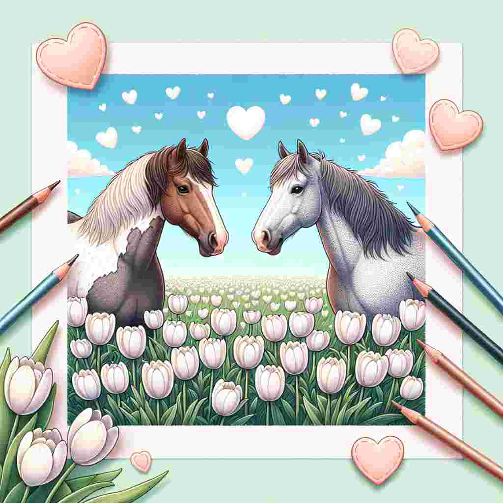 Draw a heartwarming illustration suitable for Valentine's Day. The scene includes a couple of horses in the midst of a field filled with blooming white tulips. One horse should have a dappled grey coat, while the other is chestnut brown. The horses are sharing a sweet moment, their foreheads touching in a gesture that symbolizes their close bond. The scene is encapsulated in tiny hearts, lending a sense of whimsy to the atmosphere. A clear blue sky serves as a backdrop, contrasting with green tufts of grass peeking through the tulips. Make sure that the white blossoms and the loving horses are the centerpiece of this appealing design.
Generated with these themes: White tulips , and Horses .
Made with ❤️ by AI.
