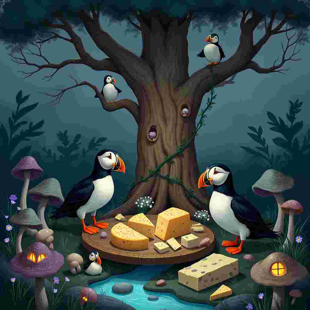 In a whimsical yet solemn scene set against a dusky twilight sky, an ethereal forest clearing emerges, bathed in the soft glow of bioluminescent mushrooms. These mushrooms, with caps speckled in shades of teal and purple, cluster around the base of a grand, ancient tree. Nestled within its knotted roots is an elaborate cheese platter, ornately arranged on a rustic wooden board. Wheels of gouda, wedges of brie, and chunks of blue cheese are intricately placed, as though they were precious artifacts. Small, delicate flowers intertwine with the cheeses, adding a touch of natural elegance.

Perched gracefully on the surrounding tree branches are puffins, their monochrome plumage contrasting sharply with their vivid, orange beaks and feet. The puffins appear engaged in a silent, reverent celebration. One puffin, slightly larger than the others, stands on a toadstool podium, seemingly presiding over the gathering. The toadstool is adorned with tiny, hand-painted runes and symbols, perhaps indicating an ancient tradition.

Scattered throughout the scene are whimsical elements like oversized cheese wheels acting as stepping stones across a trickling stream and tiny mushroom homes with windows softly lit from within. The background fades into a dense, shadowy forest where the silhouettes of more puffins can be glimpsed, creating a sense of depth and mystery.

Each element in the scene is meticulously detailed: the texture of the cheese, the delicate veins in the mushroom caps, and the intricate patterns on the puffins’ feathers. The scene is framed by a garland of ivy and forest flowers, further enhancing the enchantment of this unique birthday celebration.
Generated with these themes: Mushrooms, Cheese, and Puffins.
Made with ❤️ by AI.