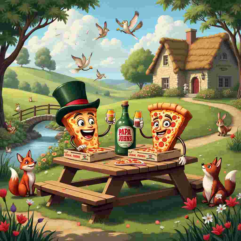 Picture a sunlit countryside dotted with rolling green hills and blooming wildflowers. In the foreground, an idyllic wooden picnic table is set up on a lush grassy knoll, and it's laden with a variety of Papa John's pizza boxes. Each box is illustrated with the iconic red and green logo, and they're slightly open, revealing tantalizing slices of pizza topped with cheese, pepperoni, and veggies.

On the table, there's a large bottle of garlic sauce prominently placed, almost like a royal scepter, its label whimsically designed with tiny garlic bulbs wearing crowns. Two anthropomorphic characters are at the table: a pizza slice with a top hat and monocle (let's call him "Sir Slice") and a garlic bulb with a dainty bow (we'll name her "Lady Garlic"). They are toasting each other with tiny cups of garlic sauce, their faces beaming with exaggerated, joyous expressions.

Around them, a variety of countryside animals are also celebrating this peculiar anniversary. A fox wearing a bowtie is playing a tiny violin, while rabbits and squirrels are gathered around with napkins tucked into their collars, eagerly eyeing the pizza. Birds overhead are carrying a banner that reads "Happy Anniversary!" with little hearts and garlic bulbs drawn around the text.

Behind the table, a scenic backdrop unfolds: a quaint, thatched-roof cottage with smoke gently curling from the chimney, surrounded by colorful, flowering bushes. Further back, a meandering dirt path leads to a stone bridge arching over a babbling brook, where a couple of ducks float serenely.

To add a dash of playful detail, a pair of gnomes can be seen peeking out from behind a tree, curiously watching the festivities. One of the gnomes holds a tiny Papa John's pizza slice in his hand, while the other has a dollop of garlic sauce on his nose.

Every element of this whimsical scene—from the anthropomorphic characters and the detailed countryside setting to the playful interactions of the animals—works together to create a quirky, joyful celebration of an anniversary, infused with the unmistakable charm of garlic sauce and Papa John’s pizza.
Generated with these themes: Garlic sauce, Papa Johns pizza, and Countryside.
Made with ❤️ by AI.