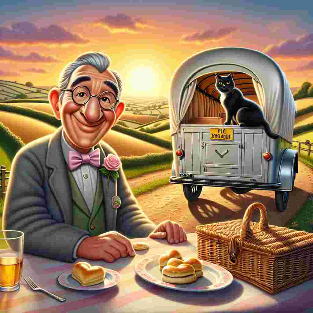 In this delightful Valentine's Day inspired illustration, the undulating hills of the English countryside are bathed in the golden tints of sunset, providing a picturesque canvas for a light silver wagon. The wagon, with its welcoming open doors, invites viewers into a romantic affair with an idyllic English picnic arranged at its rear. A friendly black cat wearing a pink bow tie perches atop the picnic basket, exuding playful sophistication. In the foreground, a cartoon-style figure, resembling a middle-aged, typical English man with glasses, holds a plate of heart-shaped scones, his inviting expression completing the celebratory Valentine's scene.
Generated with these themes: Light silver subaru impreza wagon, English countryside, Friendly black cat, English picnic, and Bob mortimer.
Made with ❤️ by AI.