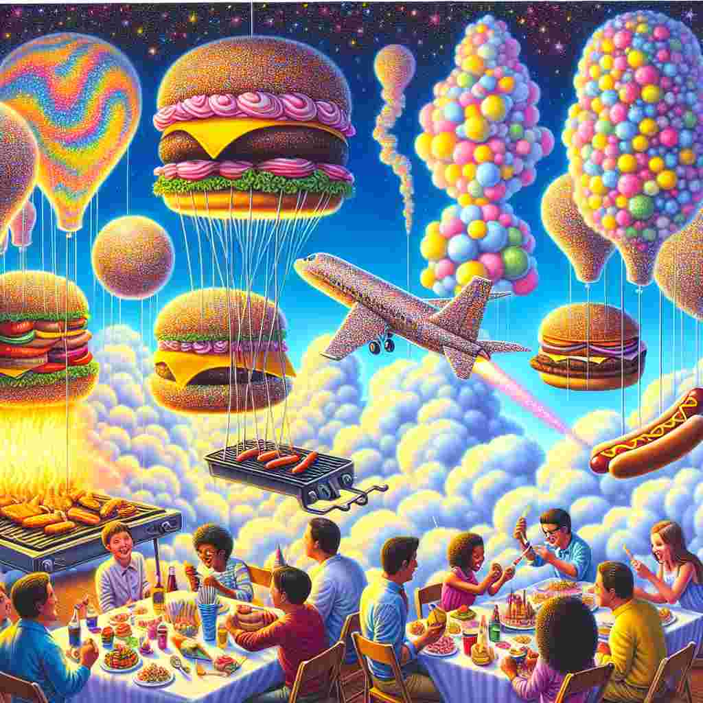Imagine a fantastical birthday scene where the sky bursts with the prismatic colors of a kaleidoscope. Mid-air hamburgers and hotdogs sizzle in delighted anticipation on a grill suspended by effervescent, balloon-like bubbles. A rapid jet made purely of shimmering frosting surges through billowy marshmallow clouds, trailing a vibrant shower of sprinkles. Below this aerial spectacle, a diverse group of partygoers, with an equal mix of males and females and of Caucasian, Hispanic, Black, Middle-Eastern, and South Asian descent, are engrossed in a DIY project. They are crafting whimsical party hats that peculiarly morph in shapes and designs in accordance to their thoughts, perfectly encapsulating the surreal and fantastical essence of their birthday celebration.
Generated with these themes: Barbecue, Fast jet plane, and DIY .
Made with ❤️ by AI.