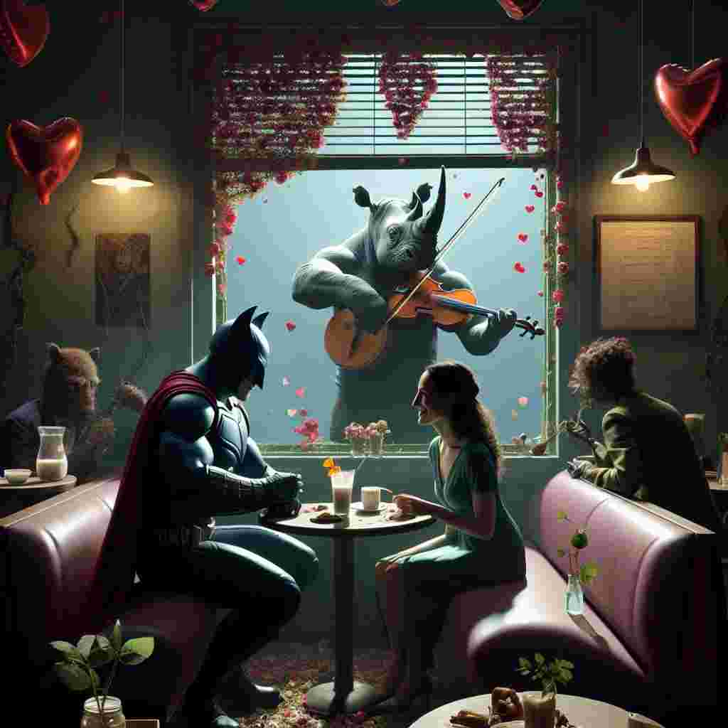 In this heartwarming scene envisaged for Valentine's Day, a caped superhero known for his dark and brooding appearance finds himself participating in an unusual date. Situated in an intimate, poorly illuminated coffee house, the walls decorated with rambling roses, he shares a flavoured milk drink with a woman known for her affinity to plants and notorious for her toxic touch. Outside the windowpane, an appropriately attired rhinoceros can be seen performing a harmonious piece on a classical string instrument, surrounded by heart-shaped inflatables and colorful paper particles gently caught in the wind, introducing a dash of romance to the setting.
Generated with these themes: Batman, Poison ivy, and Rhinoceros .
Made with ❤️ by AI.