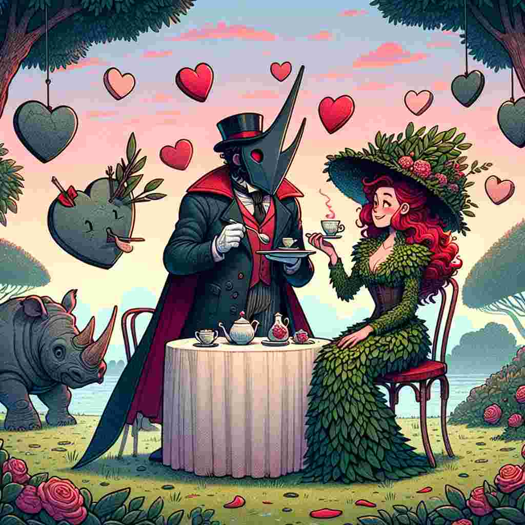 A whimsical Valentine's Day themed cartoon imagines a charming tableau where a mysterious vigilante, known for his dark attire and a mask that conceals his face, and a nature-loving woman characterized by her vibrant reddish hair and foliage-covered outfit have set aside their differences for the festival of affection. They find themselves at a small, heart-shaped table in a tranquil park, elegantly sipping tea, attended by a quirky rhinoceros cleverly disguised as a waiter. The scenery features a sky painted with hues of pink and red, while symbols of affection whimsically bounce off the dark-suited vigilante's armor.
Generated with these themes: Batman, Poison ivy, and Rhinoceros .
Made with ❤️ by AI.