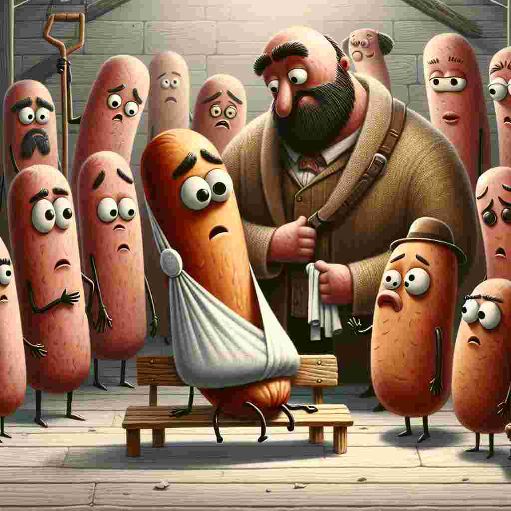 Imagine a whimsical scene. A sausage, characterized by a pair of comically large and furrowed eyebrows, is sitting on a bench. There's a giant sling wrapped around its 'injured' middle section. Around this bench, a group of sausages gather, each showcasing a unique and goofy set of eyebrows arching in concern. They appear as if expressing concern over their 'injured' friend. Towering over them all is a friendly giant, identifiable by his own bushy eyebrows knitted together in a tender expression of sympathy. The giant is offering a sizeable handkerchief, ready to dab away the sausage's non-existent tears.
Generated with these themes: Sausages , Eyebrows, and Giants .
Made with ❤️ by AI.