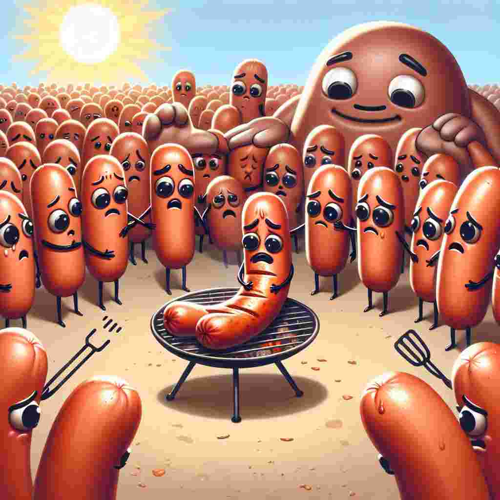 Create a humorous and playful image where tiny cartoon sausages, with exaggerated, droopy eyebrows, are gathered around another sausage that has accidentally cooked itself on a grill. Their eyebrows should express a shared empathy, as they offer supportive phrases and comforting pats with their small limbs. A gentle giant with a sympathetic smile can be seen in the background, shielding the group of sad sausages from the bright, scorching sun with his enormous, caring hand, preventing further grilling activities. The overall scene should be funny and sympathetic at the same time.
Generated with these themes: Sausages , Eyebrows, and Giants .
Made with ❤️ by AI.