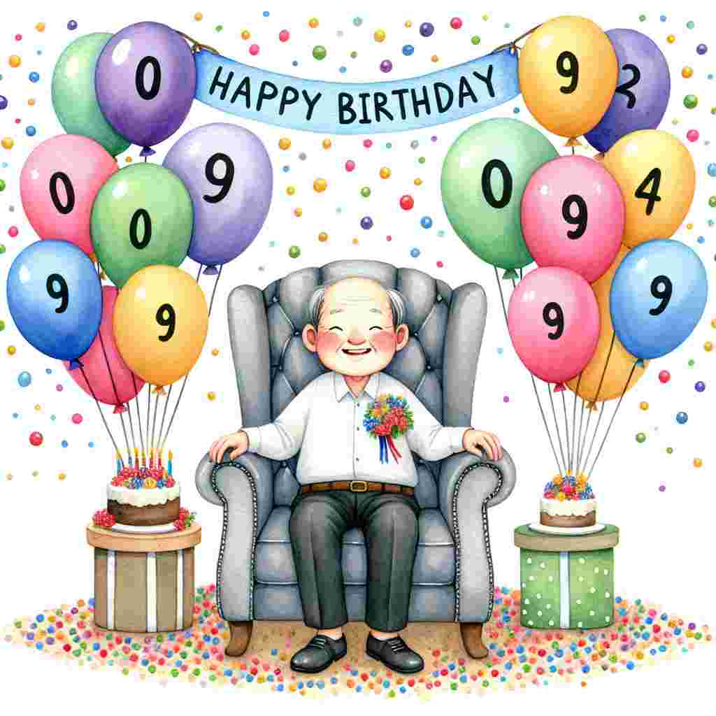 A charming watercolor scene that features a smiling grandad sitting in a cozy armchair surrounded by nine colorful balloons, each with a number from 0 to 9, symbolizing his 90th birthday. A banner above reads 'Happy Birthday,' with playful confetti scattered around it.
Generated with these themes: grandad 90th  .
Made with ❤️ by AI.