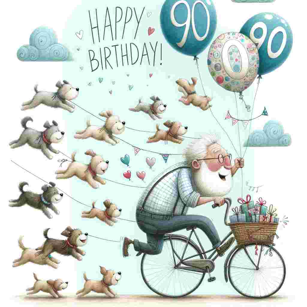 An endearing cartoon-style picture where an energetic grandad rides a bicycle with a basket full of gifts and a large '90' balloon. Overhead, clouds spell out 'Happy Birthday,' and playful puppies follow him, holding tiny birthday-themed flags in their mouths.
Generated with these themes: grandad 90th  .
Made with ❤️ by AI.