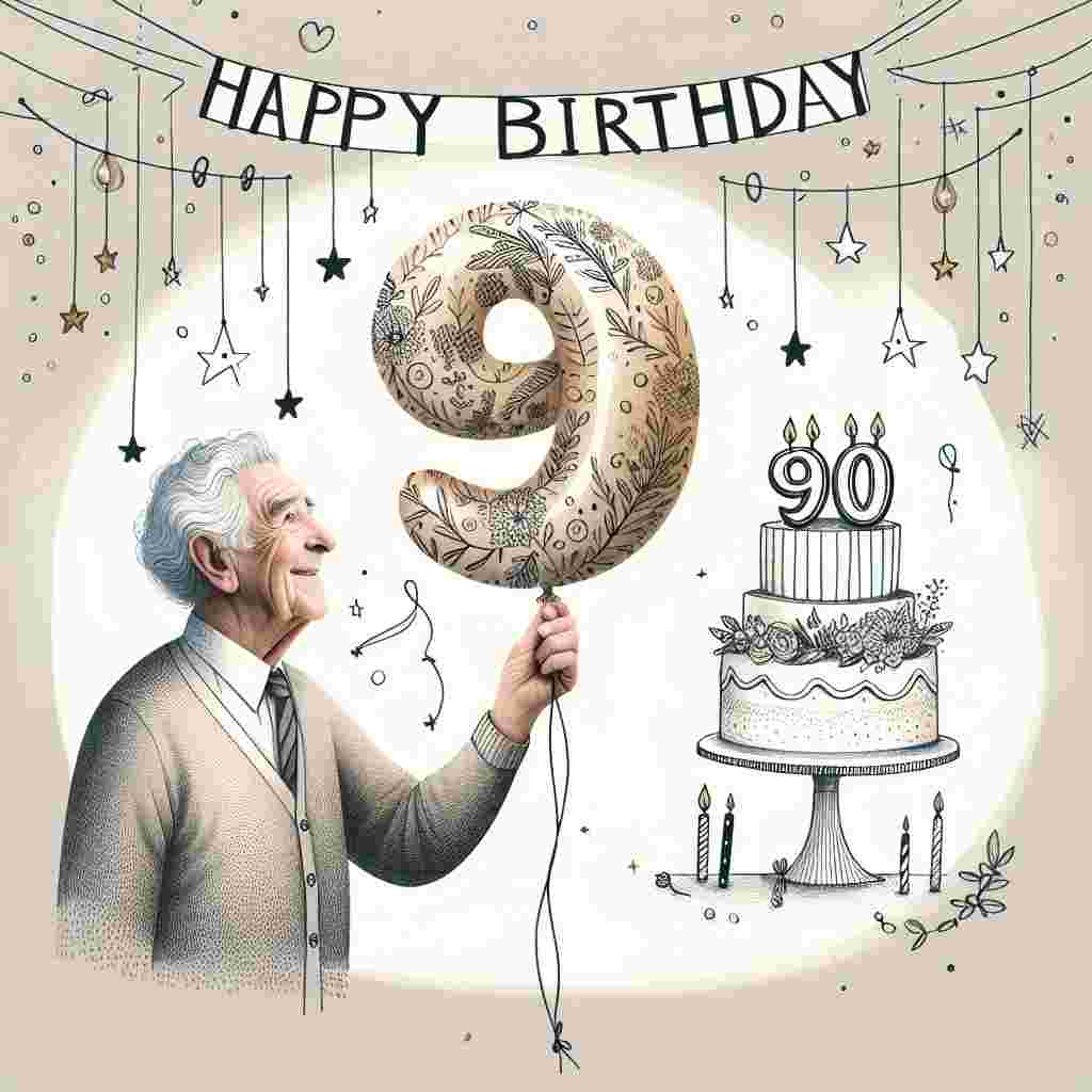 A whimsical illustration showcasing a grandad with a sweet smile, gently holding a large '90' shaped balloon. The background is a pastel party setting, with the words 'Happy Birthday' hanging from the top in a delicate cursive font, surrounded by tiny hand-drawn stars and a cake with 90 candles.
Generated with these themes: grandad 90th  .
Made with ❤️ by AI.