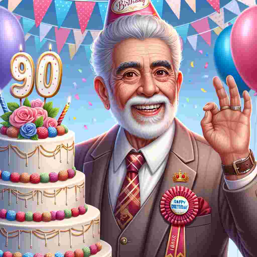 A heartwarming digital drawing that captures a friendly grandad wearing a party hat and a badge that says '90,' waving cheerfully at the viewer. In the foreground, a beautifully iced cake topped with a 'Happy Birthday' topper, and in the background, banners and balloons create a festive atmosphere.
Generated with these themes: grandad 90th  .
Made with ❤️ by AI.