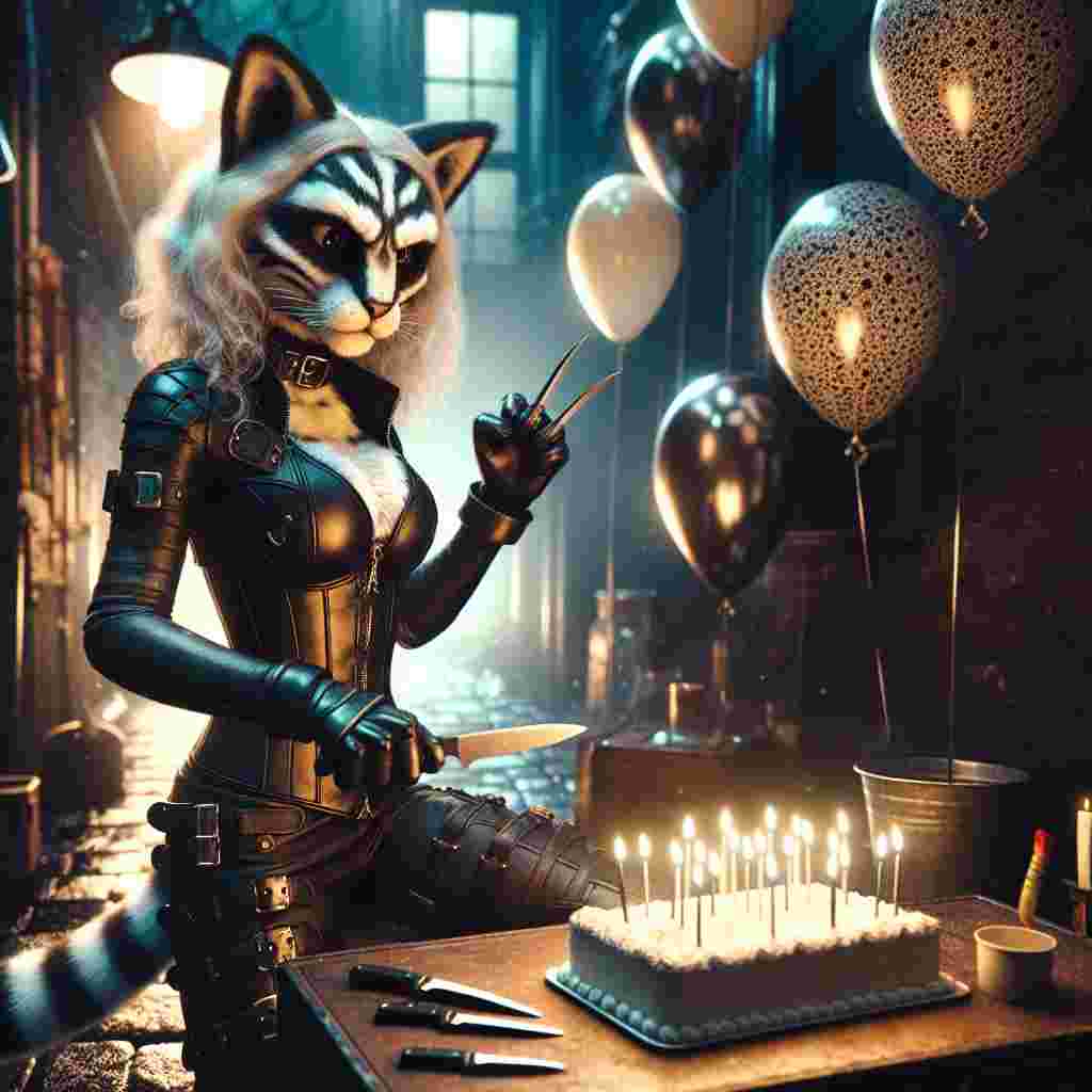 A surreal birthday scene in a dark, fantasy alleyway. A humanoid cat woman with black and white striped fur and fitted leather armor embodies the traits of a rogue assassin. She shows readiness, her hands gripping the handles of sharp daggers. Reflections dance off her fur and armor, enhancing her striking look. The mysterious atmosphere is amplified by odd birthday elements subtly integrated. Balloons with peculiar patterns float amid the shadows and a birthday cake with flickering candles rests upon a crate.
Generated with these themes: Cat humanoid female, Black and white striped fur , Big chest, Leather armour, Rogue , Fantasy, Dark, Alleyway, Daggers, and Assassin.
Made with ❤️ by AI.