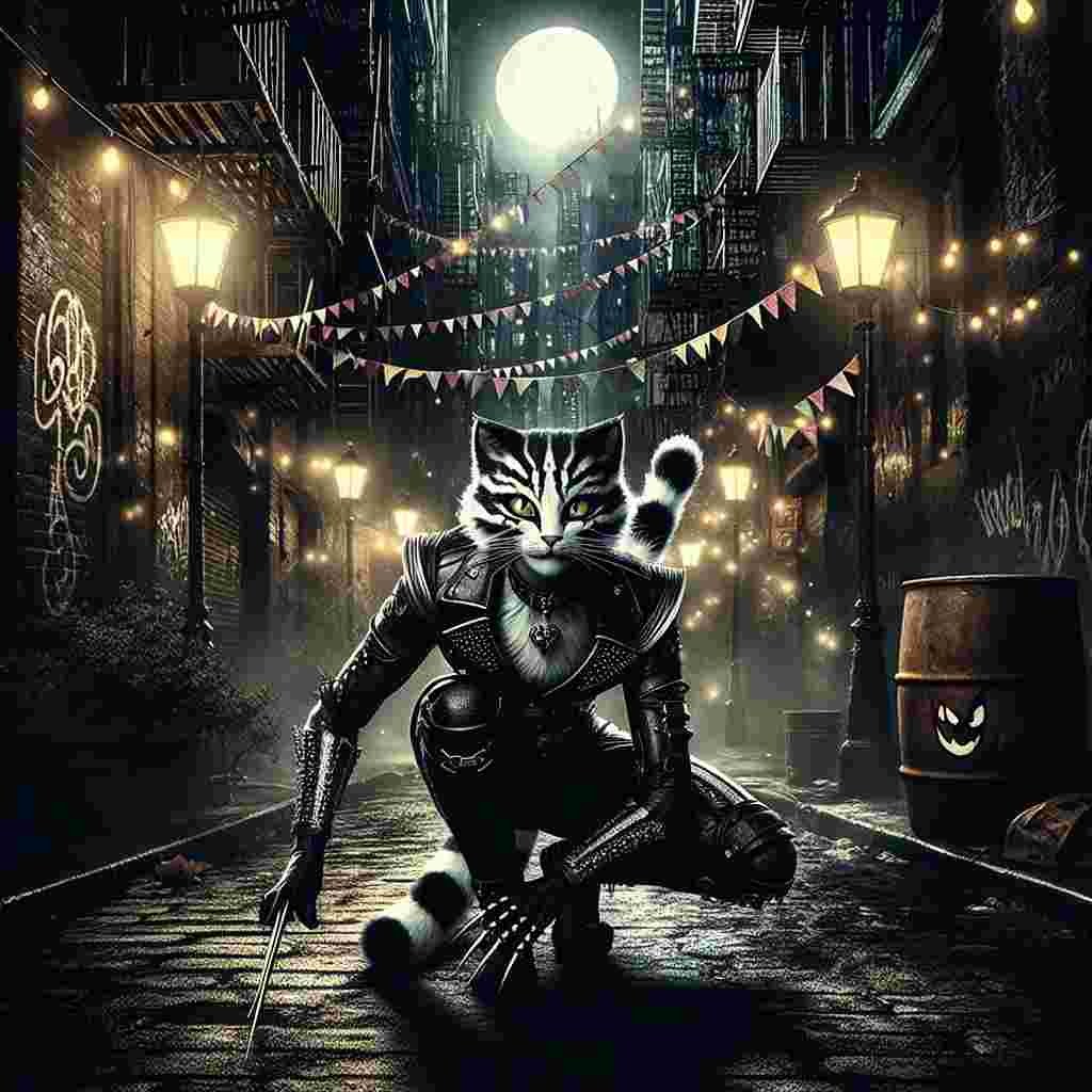 Imagine a night-time city alleyway, carrying an aura of fantasy and danger. A female cat humanoid stands out as the central figure, her black and white striped fur glistening under the stark moonlight. She sports a set of leather armor that contours her powerful physique and she crouches as if in hunt. The cat woman's daggers reflect the faint light while her eyes gleam with a hunter's focus. Curiously, the darkness around her is punctuated by birthday decorations - streamers hang from fire escapes, a single, twisted-smile balloon floats near a graffiti-covered wall, and a gothically styled birthday cake atop a barrel casts an uncanny light from its many lit candles.
Generated with these themes: Cat humanoid female, Black and white striped fur , Big chest, Leather armour, Rogue , Fantasy, Dark, Alleyway, Daggers, and Assassin.
Made with ❤️ by AI.