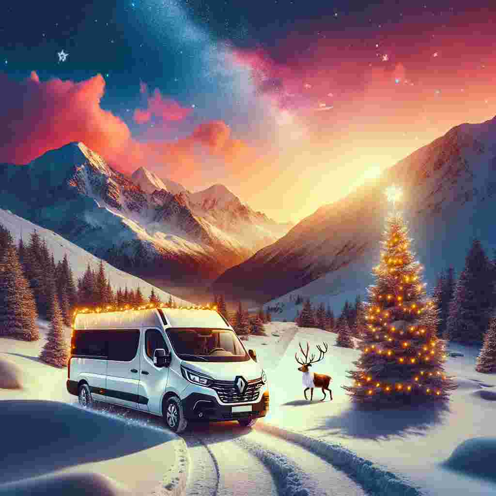 This Christmas-themed Surreal Vector design features a white Renault Master vehicle, illuminated with festive christmas lights, making its journey across a wintery mountain landscape. The skyline is ablaze with the fiery hues of a setting sun, and the presence of a solitary reindeer alongside the mountain path brings an enchanting element to the snowy evening.
Generated with these themes: White renault master with christmas lights driving through snowy mountains, sunset, reindeer.
Made with ❤️ by AI.