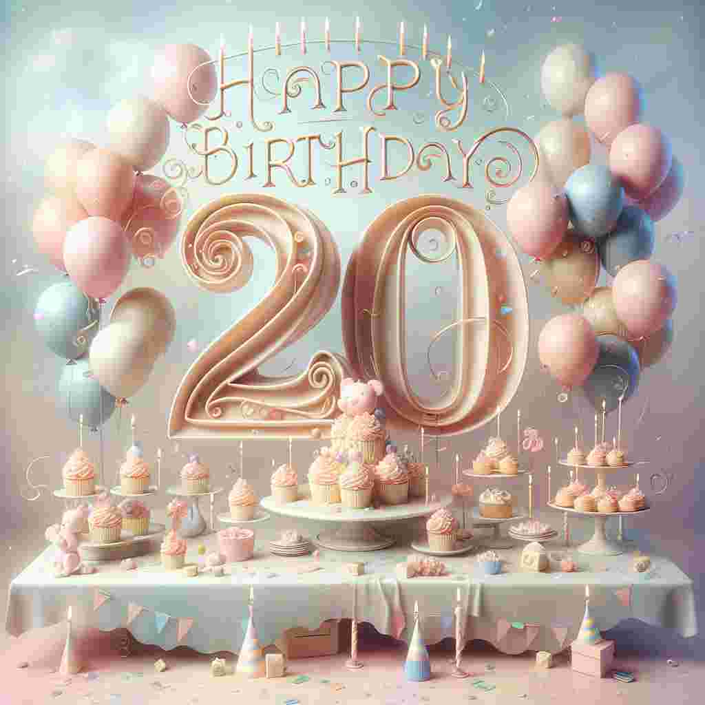 A charming illustration of a 20th birthday scene with a large '20th' made of balloons floating above a pastel-colored table laid with party hats, cupcakes, and confetti. 'Happy Birthday' is elegantly scribed above in curly lettering with a small cartoon animal holding the text banner.
Generated with these themes: 20th  .
Made with ❤️ by AI.