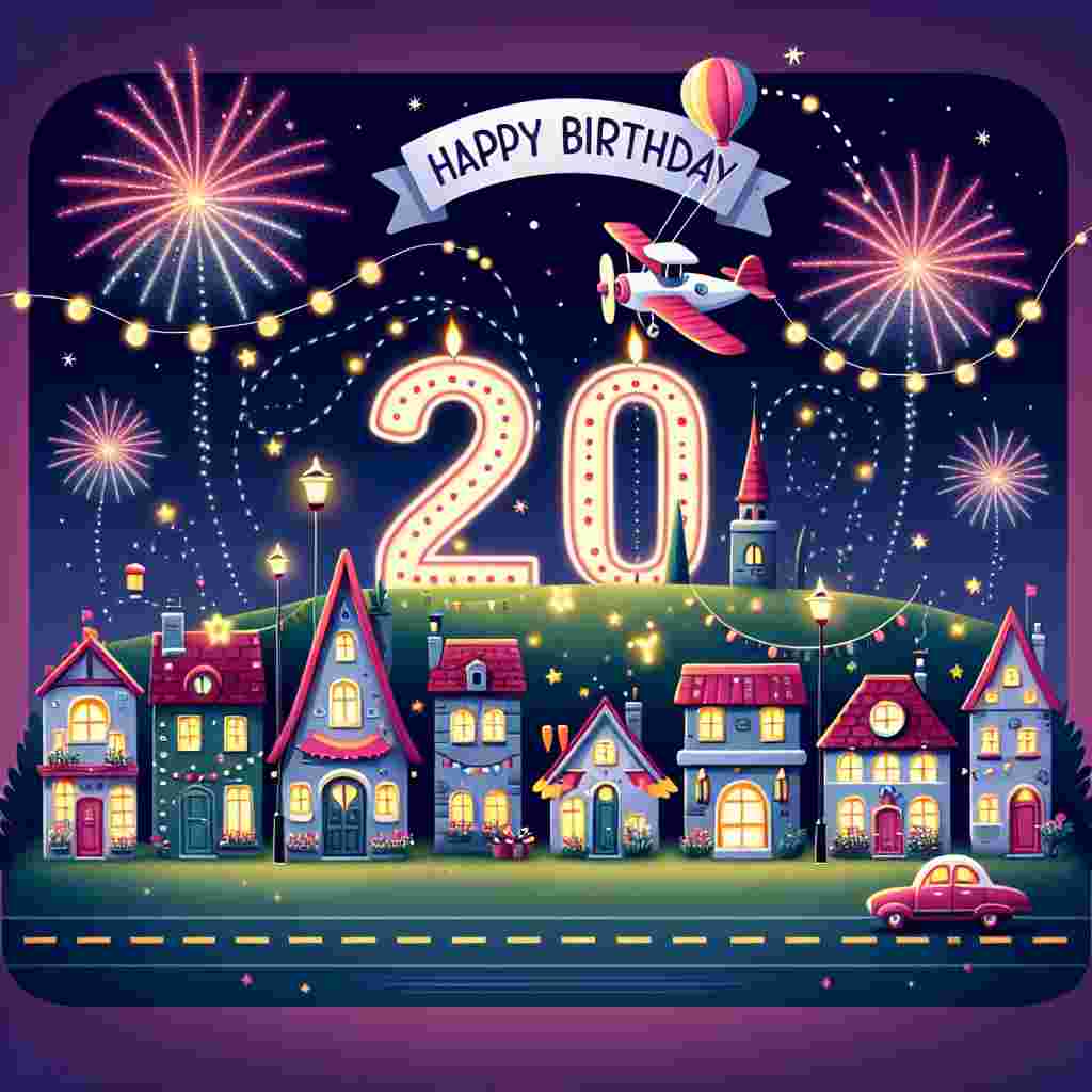 An adorable illustration showcasing a sleepy town with buildings shaped like '20' and streets lined with festive decorations. Overhead, fireworks in the shape of '20th' explode in the sky. 'Happy Birthday' is displayed on a sky-banner pulled by a cartoon airplane.
Generated with these themes: 20th  .
Made with ❤️ by AI.