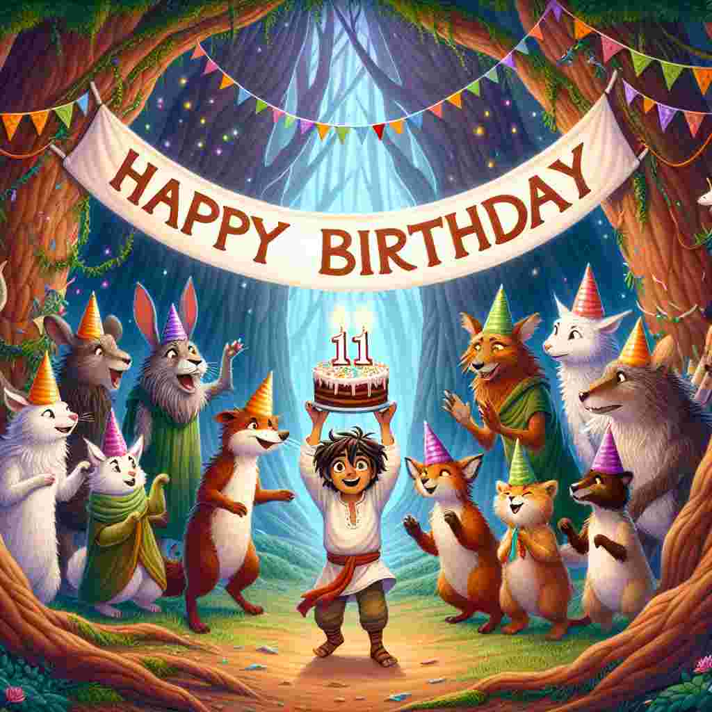 A whimsical drawing that features a group of animals dressed in party hats, celebrating an 11th birthday in a magical forest. A banner with the text 'Happy Birthday' is strung between two trees, while the animals present a cake adorned with the number '11' to a delighted child at the center of the illustration.
Generated with these themes: 11th kids  .
Made with ❤️ by AI.