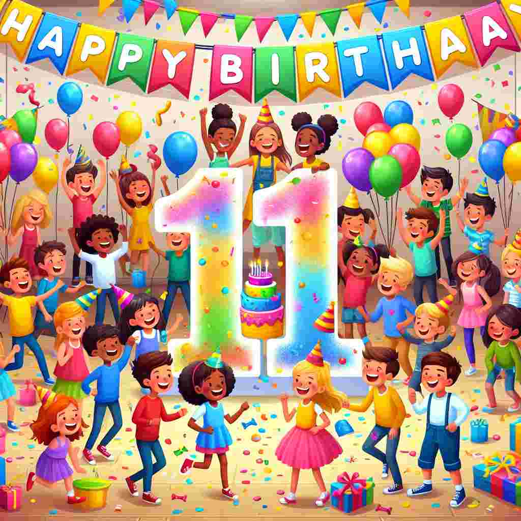 A vibrant illustration showcasing a joyful 11th birthday scene with children playing at a colorful party. Balloons and confetti fill the air as a group of kids gathers around a large, festively decorated '11' centerpiece. 'Happy Birthday' is cheerfully displayed in playful lettering above the scene.
Generated with these themes: 11th kids  .
Made with ❤️ by AI.