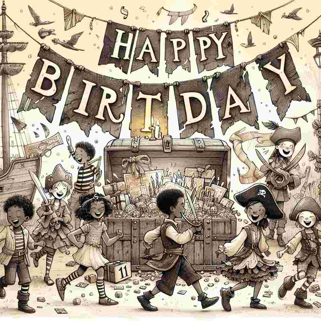 A charming illustration depicting a pirate adventure-themed 11th birthday. A treasure map in the background leads to a chest overflowing with birthday treats and presents. 'Happy Birthday' is etched onto a weathered sail above a band of kids decked out in pirate gear, eagerly hunting for their '11' marked treasure.
Generated with these themes: 11th kids  .
Made with ❤️ by AI.
