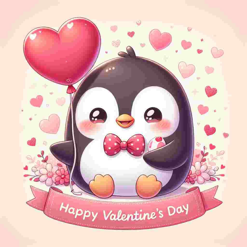 Create a heartwarming image perfect for Valentine's Day. Depict a cute, cartoon-style penguin with a bashful smile, holding a heart-shaped balloon with its flipper. The penguin is dressed in a charming bow tie. The scene is set against a soft, blush pink background and is covered in a flurry of pink and red hearts, creating a lovely, romantic ambiance. Above the penguin, design a banner that has 'Happy Valentine's Day' written in a playful font.
Generated with these themes: Penguin valentines day cute cartoon.
Made with ❤️ by AI.