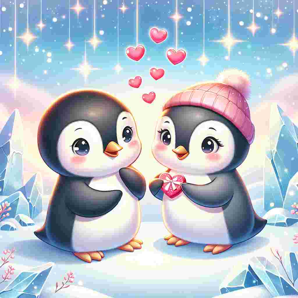Create a heartwarming Valentine's Day themed image. The illustration will capture two cartoonish penguins, one male and one female, standing on a patch of snow with their flippers intertwined. Above them, there are delicate little red hearts floating, symbolizing love. They look endearingly at each other, set against a backdrop of dazzling ice in the landscape. The male penguin is seen offering a tiny pink heart-shaped present to the female. The entire scene is bathed in a pastel-toned palette, adding a touch of softness and accentuating the cute, romantic ambiance.
Generated with these themes: Penguin valentines day cute cartoon.
Made with ❤️ by AI.