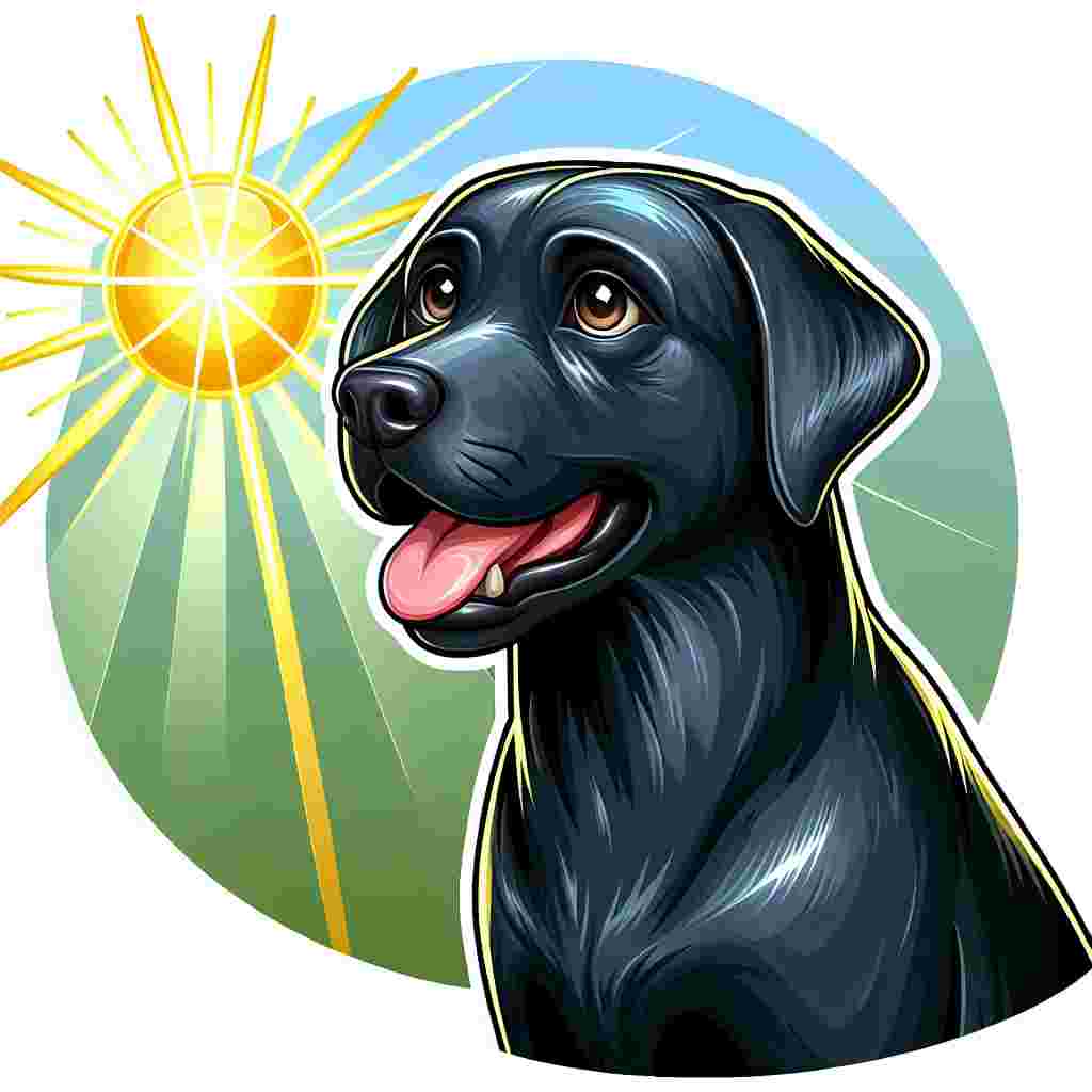 Create an engaging cartoon scene with a healthy adult Labrador Retriever. The dog boasts a captivating, glossy black coat and soulful brown eyes, which stand out beautifully. Its solid build signifies superb health. The radiating aura from the animated sun gives a shiny appearance to the dog's black coat, lending an extra touch of charm to the whole scenario. Overall, the image shows a beautiful day in the life of a healthy pet dog, soaking up the glowing rays of the warm sun.
.
Made with ❤️ by AI.