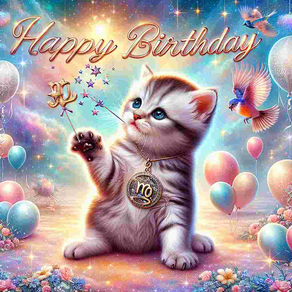 The card depicts a delightful scene of a kitten adorned with a Virgo pendant, playfully batting at sparkling stars that twinkle around it. A banner held by two hovering songbirds carries the 'Happy Birthday' message, while the background is filled with soft-hued balloons and celestial imagery.
Generated with these themes: Virgo Birthday Cards.
Made with ❤️ by AI.