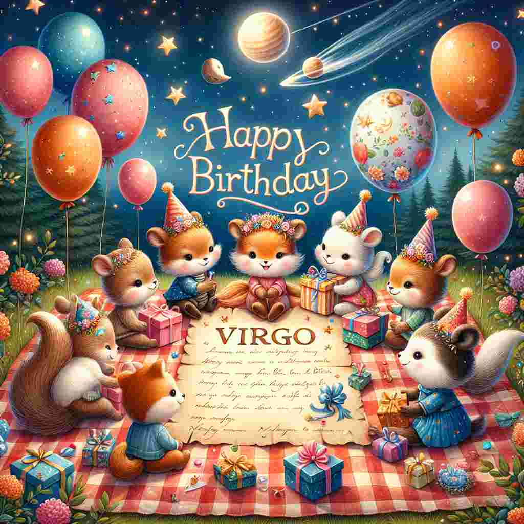 On the Virgo birthday card, a group of cute woodland creatures gathers around a parchment displaying the zodiac sign. They're having a picnic on a checkered blanket with balloons and gifts, all beneath a sky filled with stars and planets. The scene is completed with 'Happy Birthday' in elegant script floating above.
Generated with these themes: Virgo Birthday Cards.
Made with ❤️ by AI.