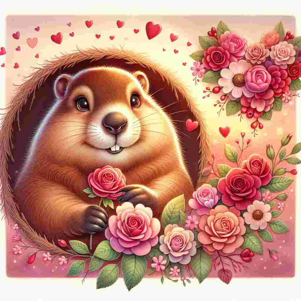 Craft an enchanting illustration for Valentines Day that showcases a lovable groundhog peeping out from its burrow. The surroundings of the groundhog are adorned with a heart-shaped arrangement of soft pink and red flowers, adding to the allure of the scene. In its mouth, the groundhog is holding a delicate red rose. The backdrop is filled with a gradient of warm tones that symbolize the romantic atmosphere. Tiny hearts flutter about the groundhog, underlining the amorous essence prevalent during the holiday.
Generated with these themes: Groundhog .
Made with ❤️ by AI.