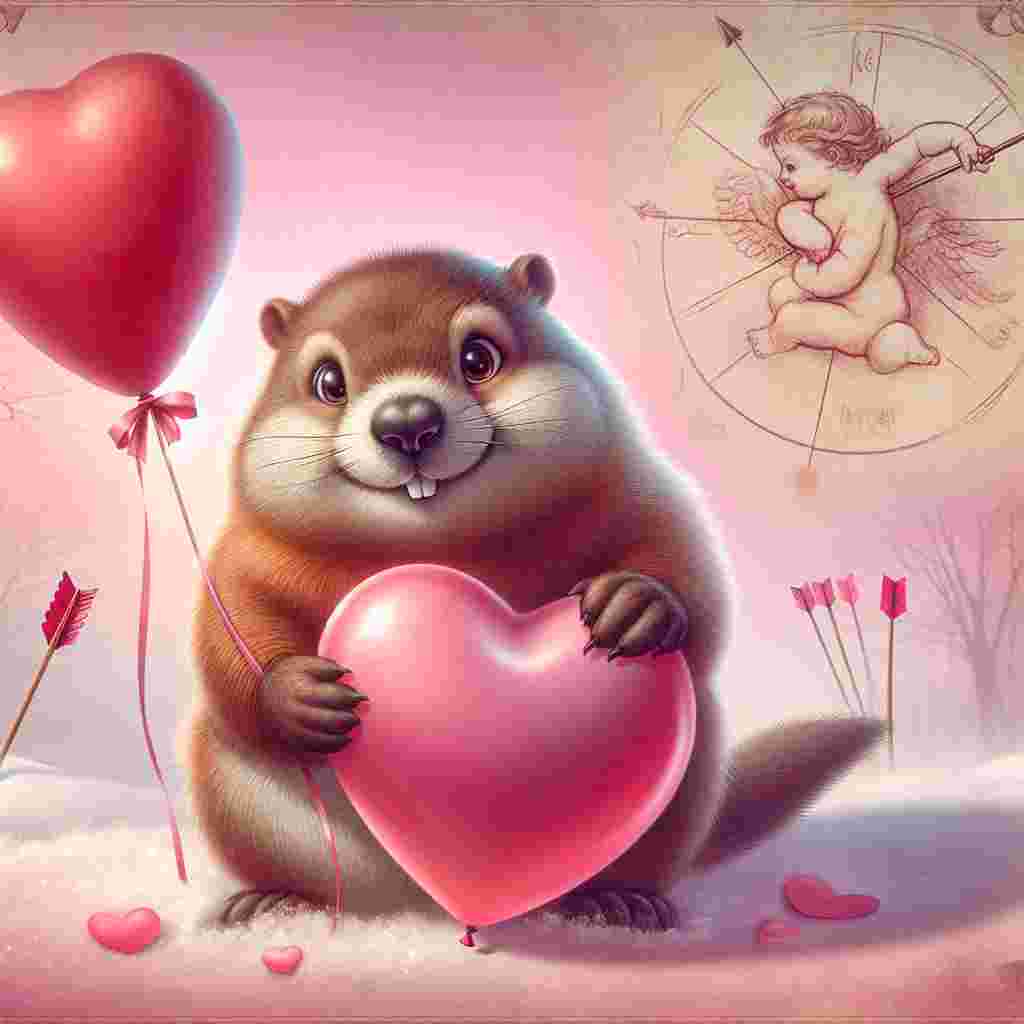 Create an image that captures a charming Valentine's Day scene, where a lovable groundhog is seen with a coy grin, tightly holding onto a balloon shaped like a heart, which is the same hue as its rosy cheeks. The backdrop is adorned with a soft pink hue, decorated with sketchings of mythical Cherubs and their respective arrows. A faint sprinkling of snow can be seen on the ground, subtly suggesting the change from winter to the forthcoming spring season. A subtly cast shadow of the groundhog can be spotted, alluding to the popular tale of Groundhog Day.
Generated with these themes: Groundhog .
Made with ❤️ by AI.