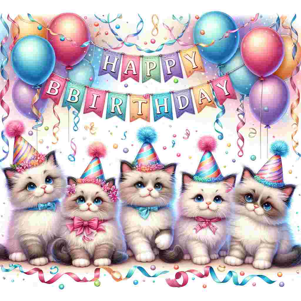 An endearing illustration displays a group of ragdoll kittens in party hats, playing with birthday streamers and balloons. In the background, a banner flutters with the phrase 'Happy Birthday' in vibrant, fun lettering.
Generated with these themes: Ragdoll Birthday Cards.
Made with ❤️ by AI.